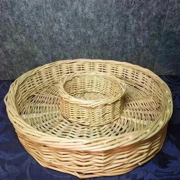 LARGE WICKER DIPPING BOWL BASKET, Natural Round Woven Chip Dip Basket Tray 12" - Picture 2 of 6